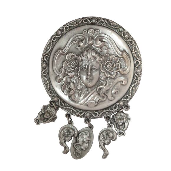 Vintage Art Nouveau Style Brooch MAIDEN Woman Medallion with 5 Hanging Charms - Picture 1 of 3